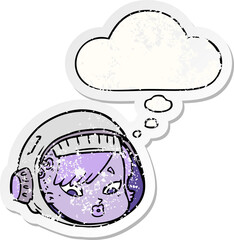 cartoon astronaut face and thought bubble as a distressed worn sticker