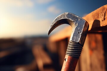 A detailed close-up image of a hammer resting on a piece of wood. This versatile image can be used to illustrate construction, woodworking, DIY projects, or home improvement concepts - obrazy, fototapety, plakaty