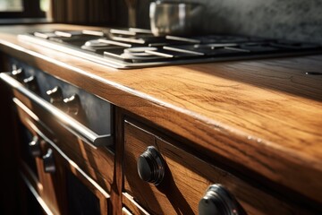Obraz premium A rustic wooden counter top with a modern stove top oven. Perfect for home cooking and kitchen renovations