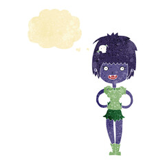 cartoon happy vampire girl with thought bubble