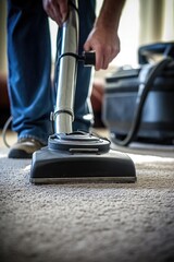 A person is using a vacuum cleaner to clean a carpet. This image can be used to showcase household cleaning or to illustrate the importance of cleanliness