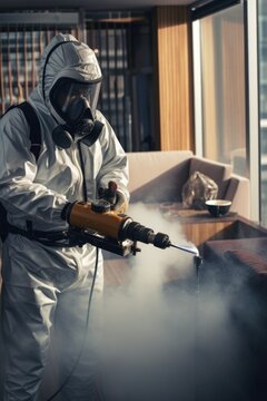 A man wearing a gas mask and protective suit is using a spray gun. This image can be used to depict concepts of safety, pollution, chemical protection, or hazardous environments