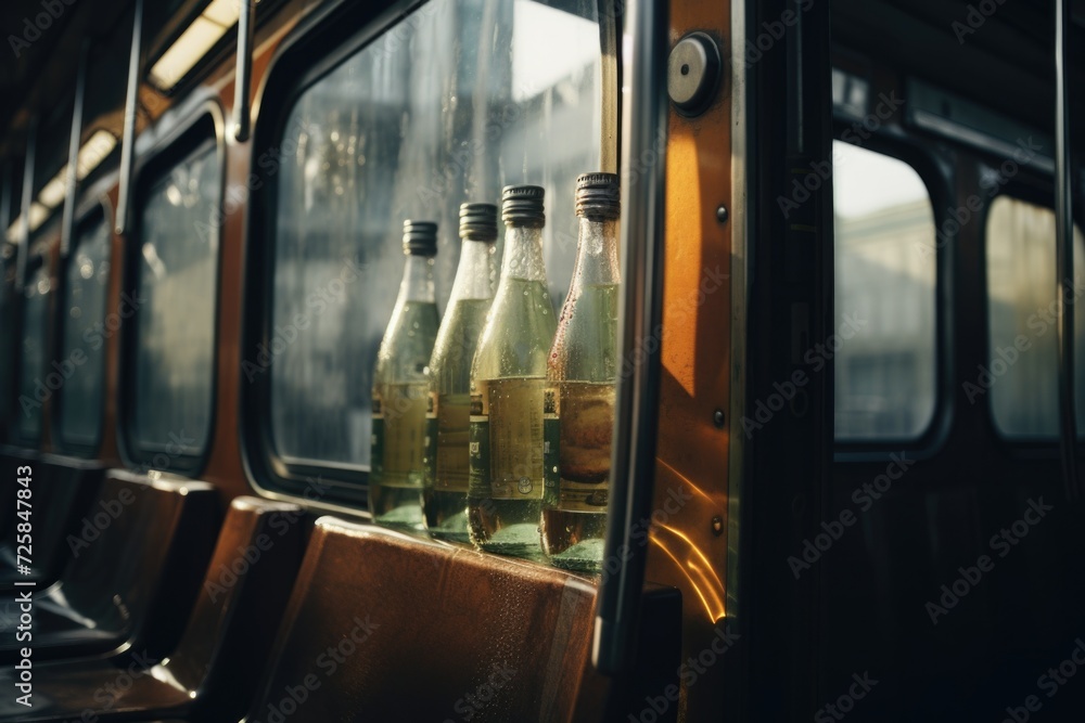 Poster Three bottles of water sitting on a window sill. Suitable for home decor or kitchen-related projects