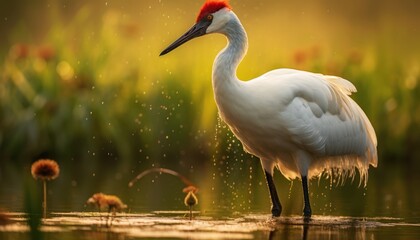 Naklejka premium White Whooping Crane Bird With Red Head Standing in Water