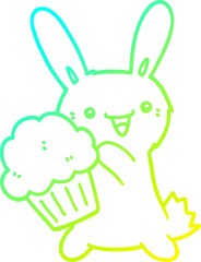 cold gradient line drawing cute cartoon rabbit with muffin