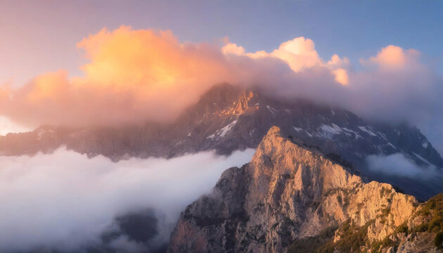 Majestic mountain range covered in clouds and fog, illuminated by a beautiful sunrise. Filtered image, ideal for a travel background.