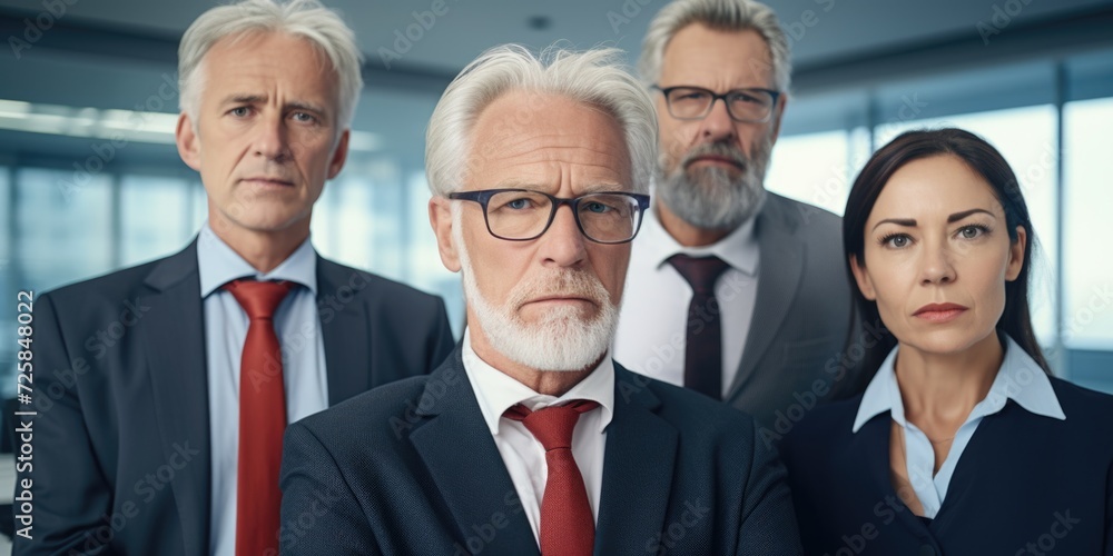 Poster a picture of a group of men and women dressed in business attire. this image can be used to represen