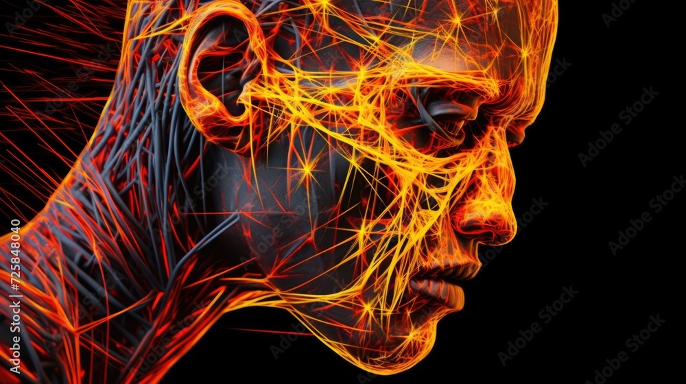 Poster A close-up shot of a person's head with a glowing brain. This image can be used to represent intelligence, creativity, or the power of the mind.