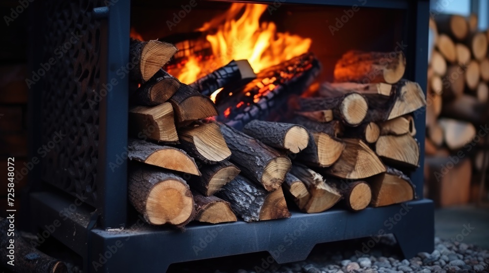 Poster A pile of wood sitting in front of a warm and crackling fire. Perfect for adding a cozy atmosphere to any project