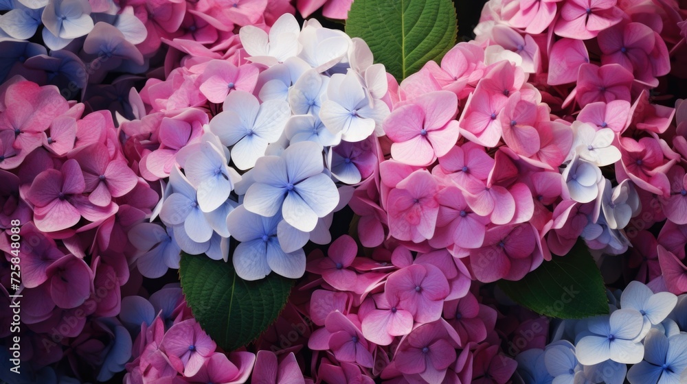 Poster a beautiful arrangement of pink and blue flowers with vibrant green leaves. perfect for adding a pop
