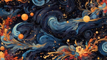 Seamless pattern illustration background inspired by the cosmos. Galactic swirls of stardust, constellations, and planets intertwine in a celestial dance.  generative, ai.