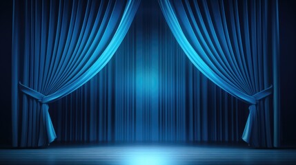 A stage with blue curtains and a spotlight. Perfect for theatrical performances or events.
