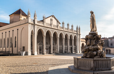 Facade of Santo Stefano Cathedral in Piazza Duomo in the historical center of Biella, Piedmont,...