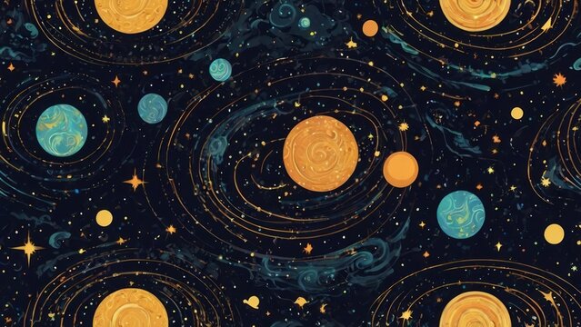 Seamless pattern illustration background inspired by the cosmos. Galactic swirls of stardust, constellations, and planets intertwine in a celestial dance.  generative, ai.