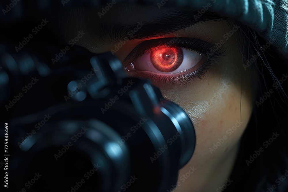 Poster a person holding a camera with a red eye. suitable for photography themes and concepts related to te