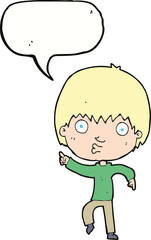 Obraz premium cartoon impressed boy pointing with speech bubble