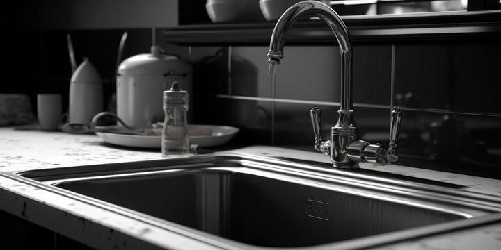A black and white photo of a kitchen sink. Suitable for use in home improvement blogs or interior design websites