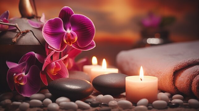 A serene spa setting with candles, towels, and beautiful orchids. Perfect for promoting relaxation and self-care.