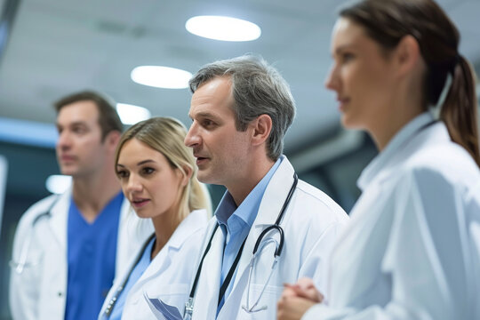 Team of professional males and females doctors in hospital. Indoor. International group of medics. Multi ethnic physicians in gowns and uniforms in clinic. Medical workers.