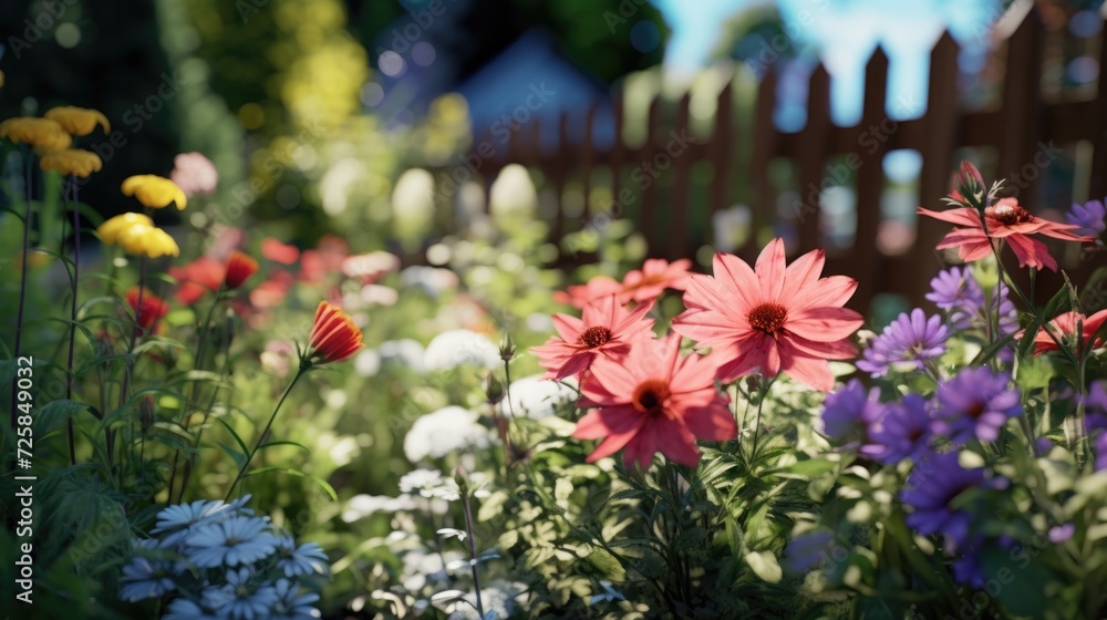 Poster A vibrant garden filled with an abundance of colorful flowers. Perfect for adding a pop of color to any project or design