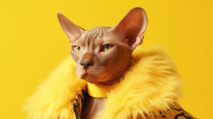 A picture of a cat wearing a yellow fur collar. This image can be used to depict a fashionable pet or as a representation of pet accessories