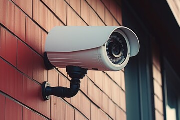 A security camera mounted on the side of a building. Suitable for surveillance or security-themed projects