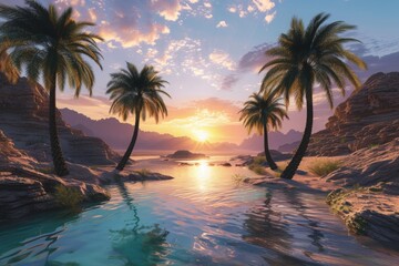 Desert Mirage: Dramatic Oasis with Palm Trees and Shimmering Pool at Sunset

