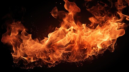 A close-up view of a fire burning on a black background. This image can be used to depict warmth, danger, or energy.