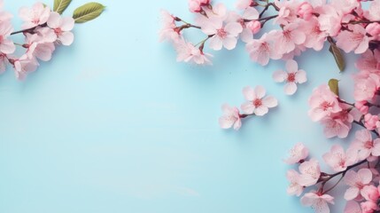 Blue background with pink flowers and leaves. Suitable for various design projects