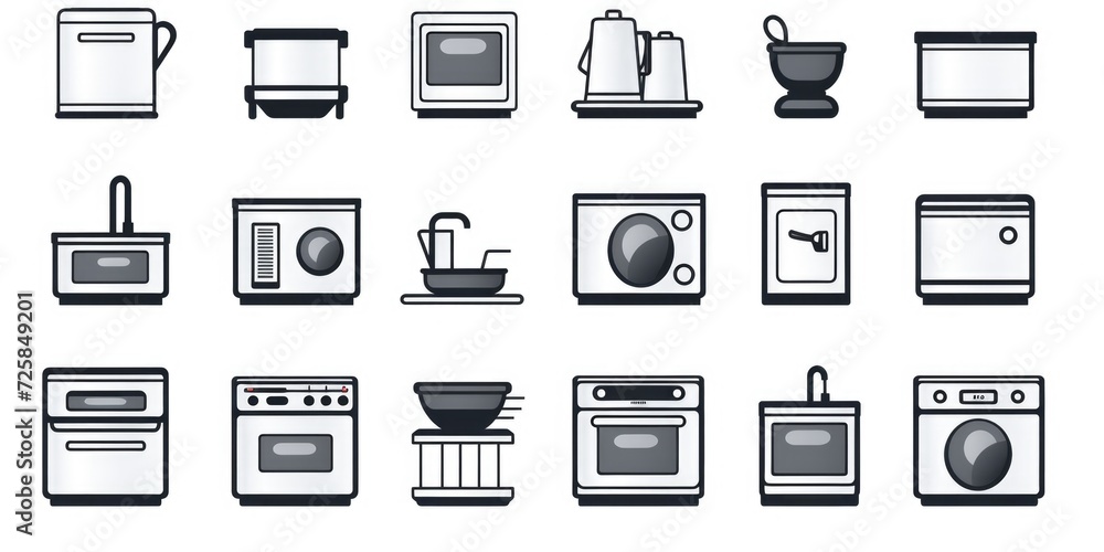 Poster a collection of kitchen appliances and appliances in a sleek black and white color scheme. perfect f