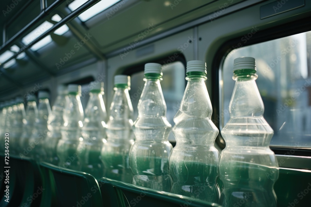 Poster row of empty water bottles on a train. can be used to illustrate environmental concerns or the impor