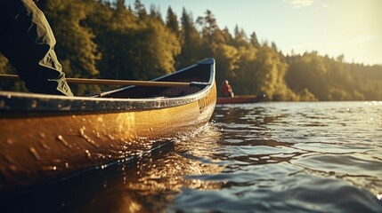 A man stands in a canoe on a serene lake. This picture can be used for outdoor adventure or nature-themed designs