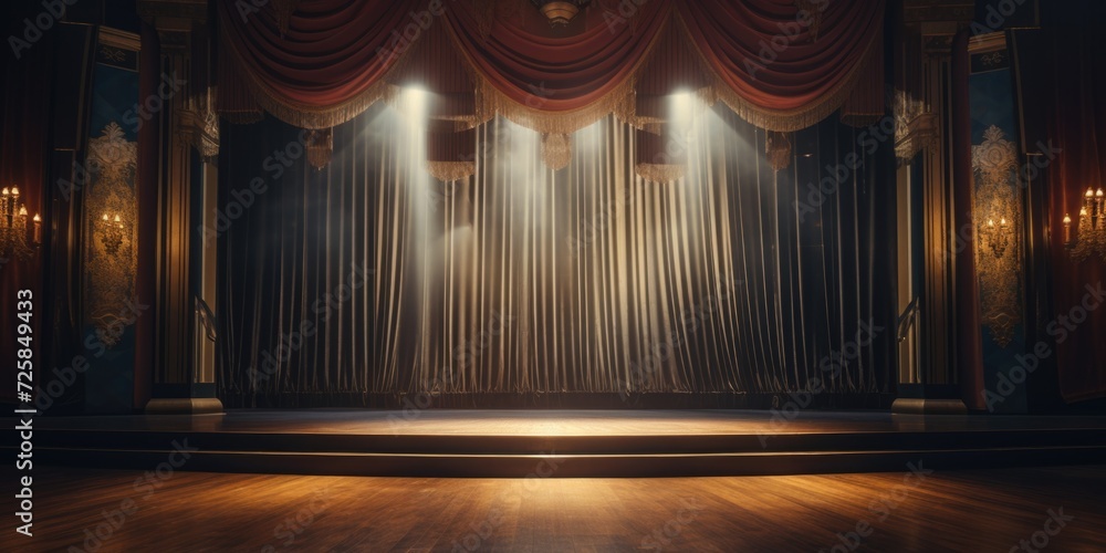 Poster a stage with a curtain and lights. suitable for theatrical performances or events