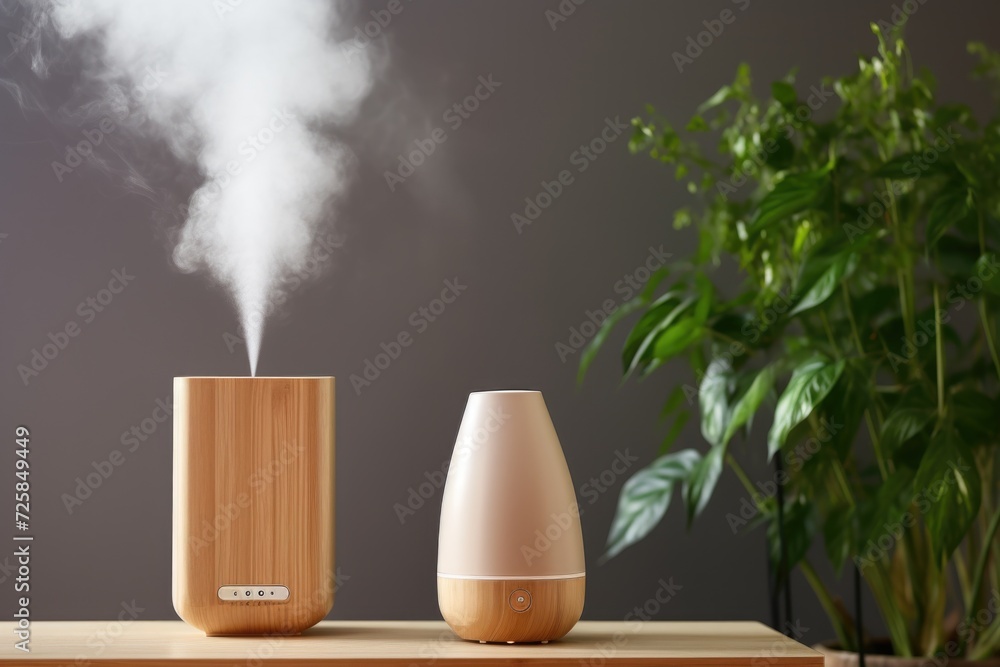 Poster a wooden table with a humidifier placed on top. perfect for creating a comfortable and healthy indoo