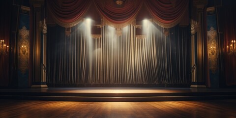A stage with a curtain and lights. Suitable for theatrical performances or events - obrazy, fototapety, plakaty