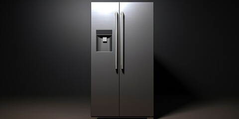 A metallic refrigerator with an open door in a dark room. Ideal for illustrating the concept of food storage or a mysterious setting
