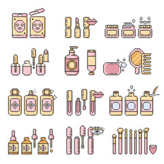 Cosmetics icons set pixel art.Makeup illustration sign collection.Various different Skin and body care products and simple instructions. Packaging in different shapes for skincare products. Vector 
