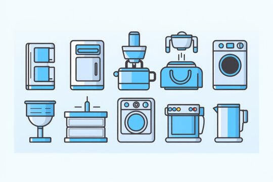 A collection of various kitchen appliances and appliances placed on a clean white background. Perfect for showcasing kitchen products or illustrating home improvement concepts