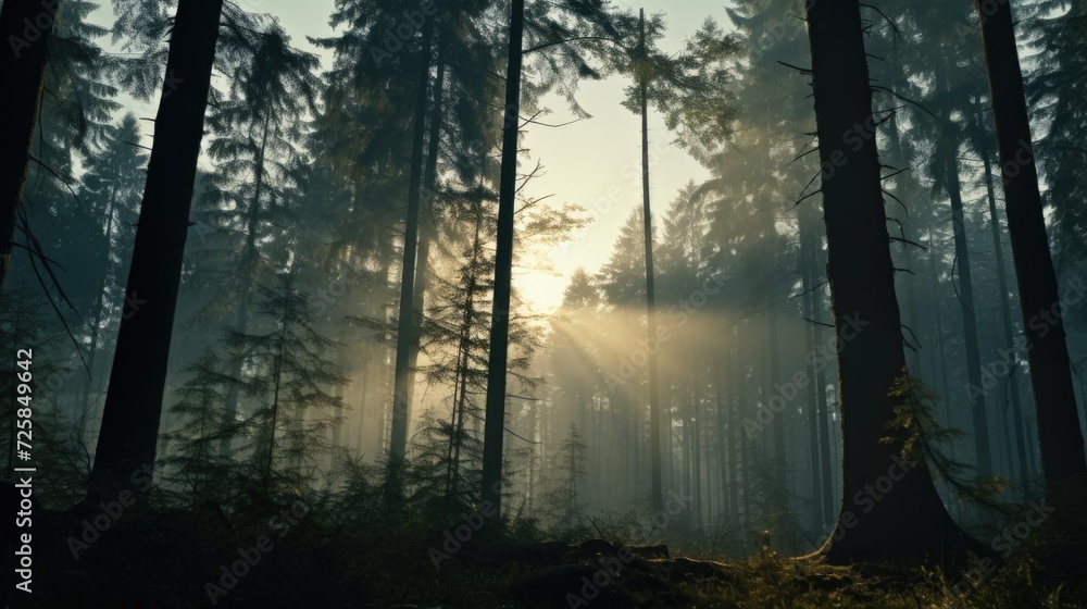 Poster sunlight streaming through the trees in a forest. perfect for nature and outdoor themes