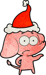 textured cartoon of a unsure elephant wearing santa hat