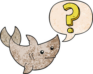 cartoon shark asking question and speech bubble in retro texture style