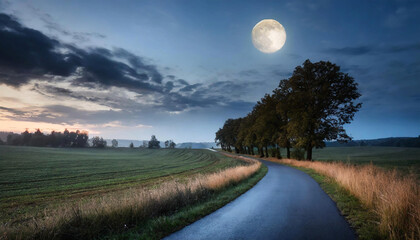A mysterious road winds through a moonlit field, leading to an unknown destination under the captivating glow of a full moon.