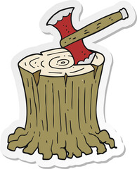 sticker of a cartoon axe in tree stump