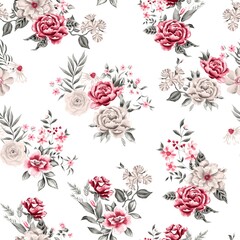 Watercolor flowers pattern, red romantic roses, green leaves, white background, seamless