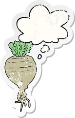 cartoon root vegetable and thought bubble as a distressed worn sticker