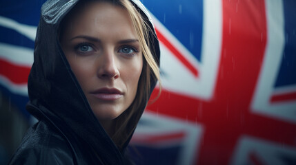 portrait of a woman wrapped in a flag of uk united kingdom