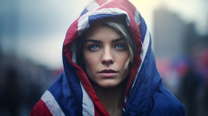 portrait of a woman wrapped in a flag of uk united kingdom