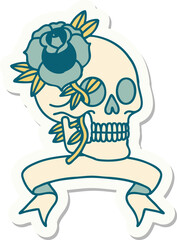 tattoo sticker with banner of a skull and rose