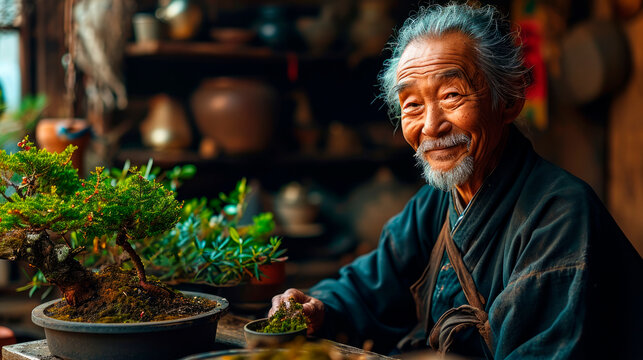 A happy Japanese old man plants bonsai on a table in a typical Japanese house