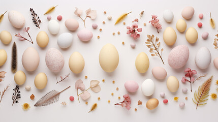 Minimalistyczne jasne tło na życzenia Wielkanocne. Alleluja - Wesołych świąt Wielkiej Nocy. Jajka, piórka, kwiaty i inne wiosenne dekoracje.
